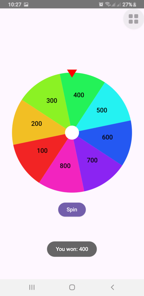 Screenshot of Spin Wheel Android App developed in Java, Jetpack Compose, and Flutter