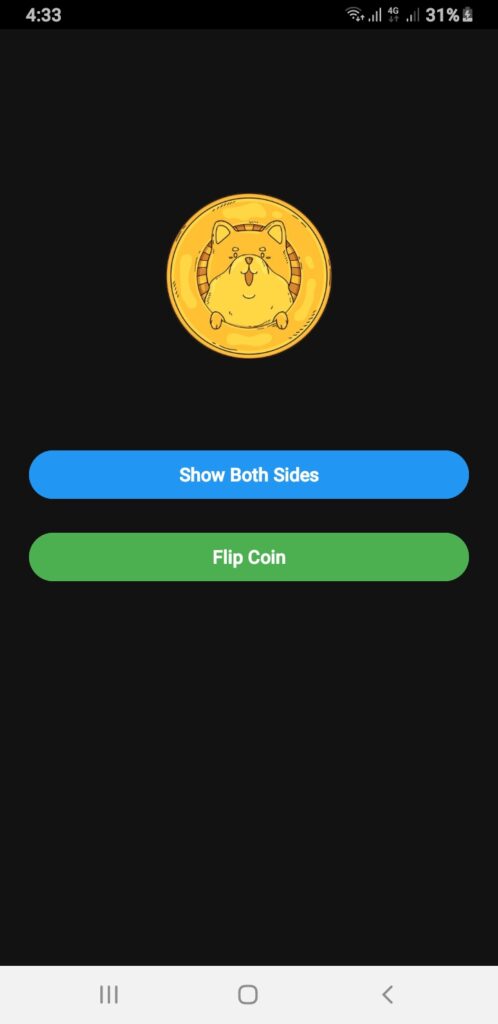 Flip Coin Android App showing coin flip animation result