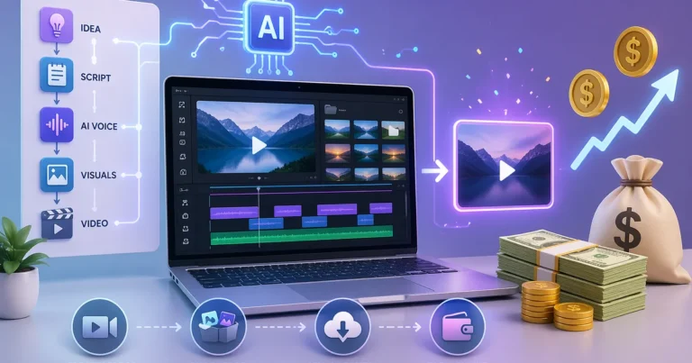AI generated video creation and selling guide for beginners showing digital income, AI tools, and online earning process step by step