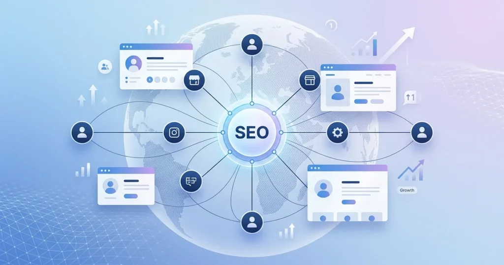 Profile creation sites for free SEO and branding in 2026 showing digital network connections, profile backlinks, and SEO growth concept