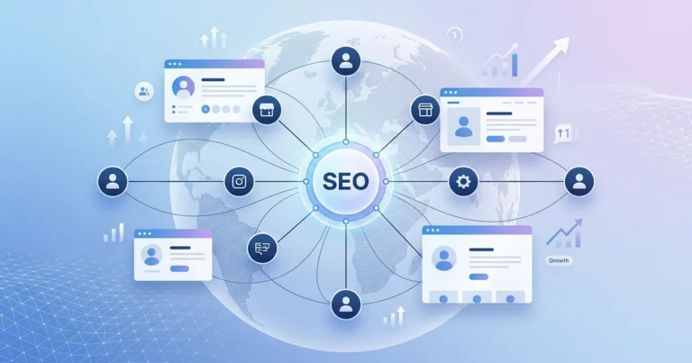 Profile creation sites for free SEO and branding in 2026 showing digital network connections, profile backlinks, and SEO growth concept