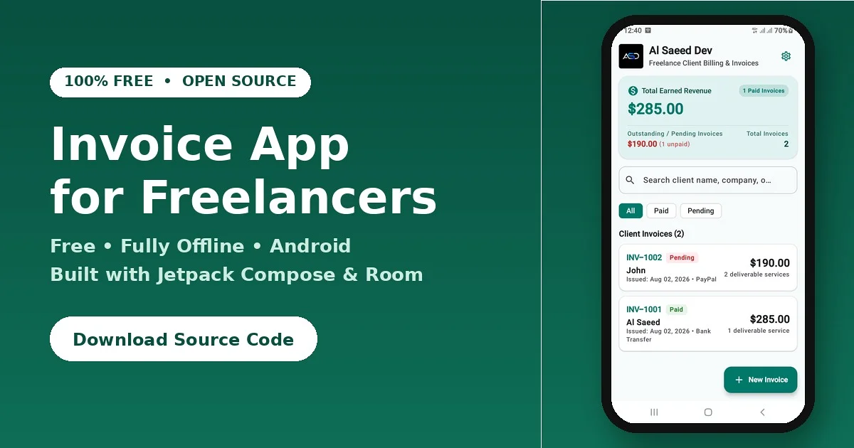 Invoice app source code Android Studio project free, open source app built with Jetpack Compose showing invoice dashboard